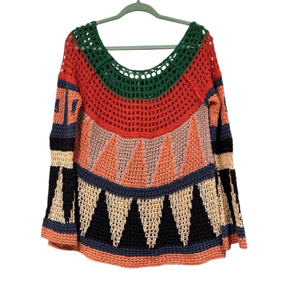 Free People Crochet Colorblock Open-Knit Sweater in Green, Red, Peach, Black - Picture 2 of 8
